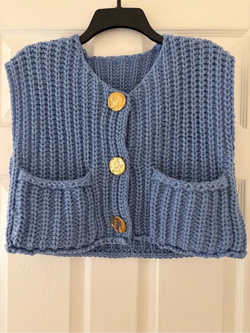 Blue Chunky Knit Pocket Vest with Gold Buttons